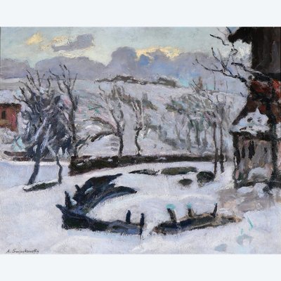 Alfred SWIEYKOWSKY 1869-1953 Paysage de neige dans les Alpes, tableau, Savoie, montagne, vers 1920