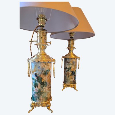 Coppia di lampade a barbottina di D.Grenet, con montatura giapponese in bronzo dorato, 1880 circa.