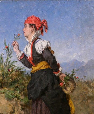 Alexandre Marie Guillemin 1817-1880 Pyrenäen, Frau atmet eine Blume in den Bergen, Gemälde