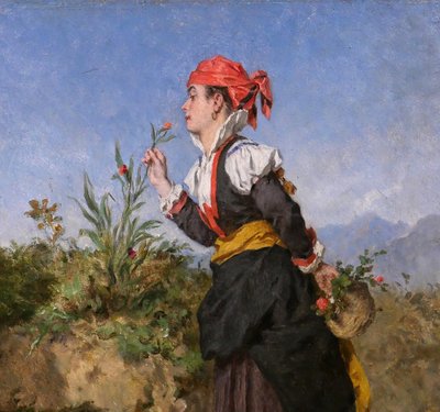 Alexandre Marie Guillemin 1817-1880 Pyrenäen, Frau atmet eine Blume in den Bergen, Gemälde