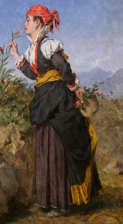 Alexandre Marie Guillemin 1817-1880 Pyrenäen, Frau atmet eine Blume in den Bergen, Gemälde