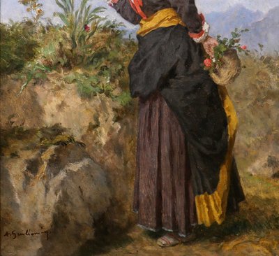 Alexandre Marie Guillemin 1817-1880 Pyrenäen, Frau atmet eine Blume in den Bergen, Gemälde