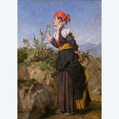 Alexandre Marie Guillemin 1817-1880 Pyrenäen, Frau atmet eine Blume in den Bergen, Gemälde