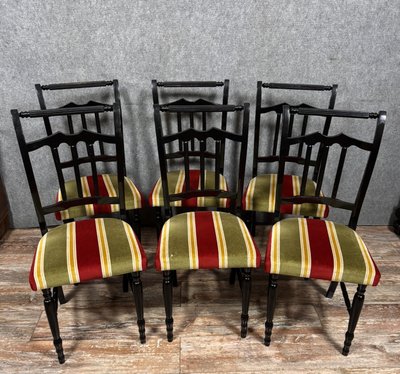 Set of 6 Vintage chairs in black lacquered wood, circa 1970