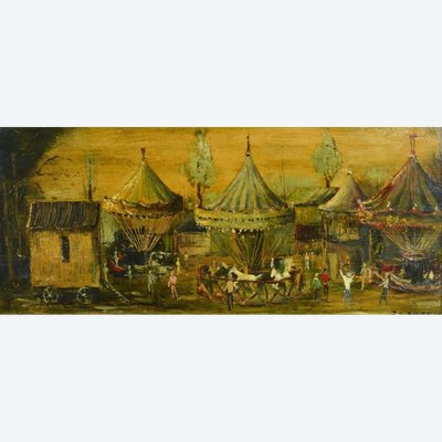 BIZET Jean (1922-2015) La Fête Foraine - Oil on panel Signed Bottom Right