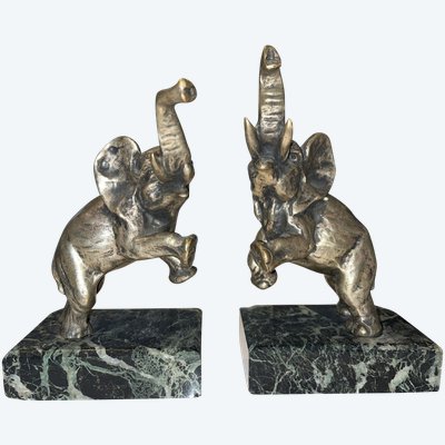 Louis FONTINELLE ( 1886-1964 ) Paire De Serre Livres Aux éléphants En Bronze Sur Marbre  Signés