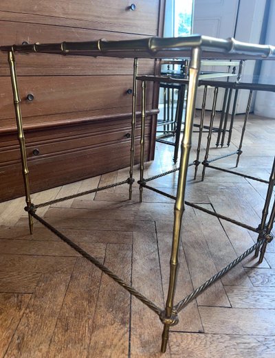 Maison BAGUES   Tables Gigogne En laiton Doré à Décor De Bambous et de cordes, plateaux Miroir