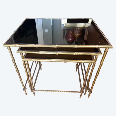 Maison BAGUES   Tables Gigogne En laiton Doré à Décor De Bambous et de cordes, plateaux Miroir
