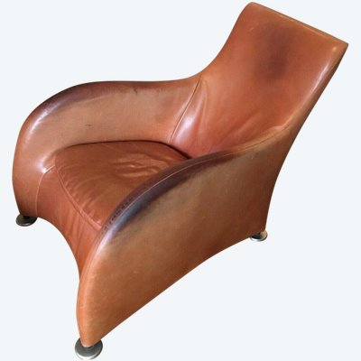 VAN DEN BERG & MONTIS Fauteuil Loge, Lounge Chair Vintage En Cuir Patiné