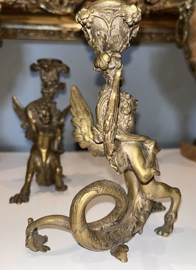 PANDIANI Antonio (1838-1928) Rare Pair Of Gilded Bronze Candlesticks Signed