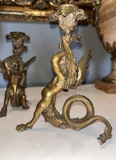 PANDIANI Antonio (1838-1928) Rare Pair Of Gilded Bronze Candlesticks Signed