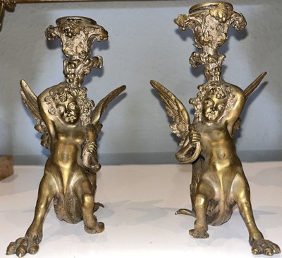 PANDIANI Antonio (1838-1928) Rare Pair Of Gilded Bronze Candlesticks Signed