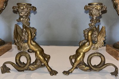 PANDIANI Antonio (1838-1928) Rare Pair Of Gilded Bronze Candlesticks Signed