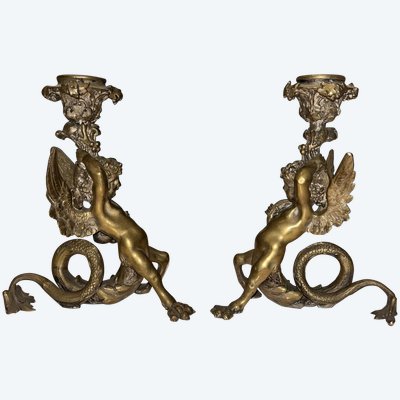 PANDIANI Antonio (1838-1928) Rare Pair Of Gilded Bronze Candlesticks Signed