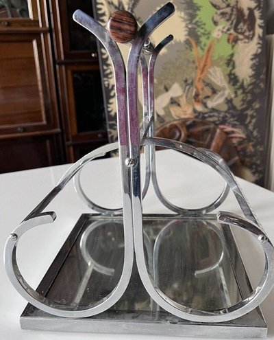 ADNET Jacques ( 1900-1984) Modernist Chromed Metal, Mirror and Rosewood Wine Rack