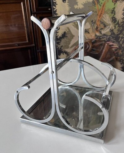 ADNET Jacques ( 1900-1984) Modernist Chromed Metal, Mirror and Rosewood Wine Rack