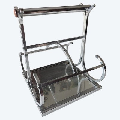 ADNET Jacques ( 1900-1984) Modernist Chromed Metal, Mirror and Rosewood Wine Rack