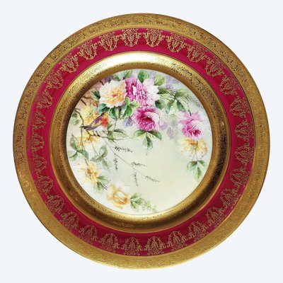 Deko-Teller oder Platte aus Limoges-Porzellan, bemalt mit Vogel-Dekor Rotkehlchen und Rosen
