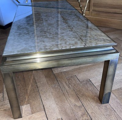 Maison JANSEN   Table Basse Rectangulaire En Laiton Doré Et Miroir églomisé