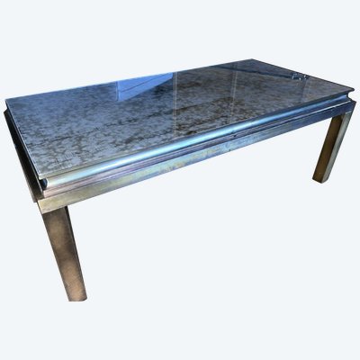 Maison JANSEN   Table Basse Rectangulaire En Laiton Doré Et Miroir églomisé