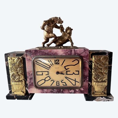 FRATIN (1801-1864) & DEP Art Deco Bronze And Marble Clock Combat d'Ours à La Dague