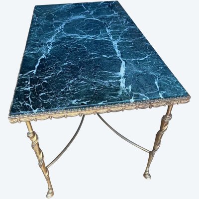 Maison JANSEN  Table Basse, Bronze Et Laiton Doré, Plateau Marbre Vert et Pieds Sabots