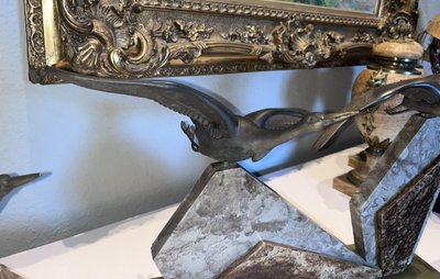ROCHARD Irenée (1906-1984)  Important Groupe Art Déco En Régule Avec 3 Cigognes  Signé  L95cm