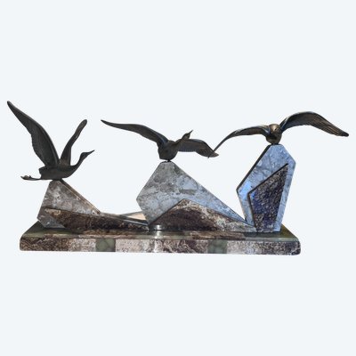 ROCHARD Irenée (1906-1984)  Important Groupe Art Déco En Régule Avec 3 Cigognes  Signé  L95cm