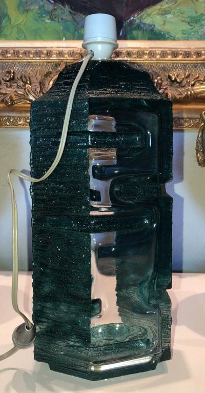 DAUM Argos Blue Crystal Brutalist Shape Lamp Signed