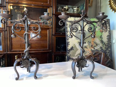 Michel ZADOUNAISKY (1903-83) Candelieri a serpente in ferro battuto Art Déco Firmati