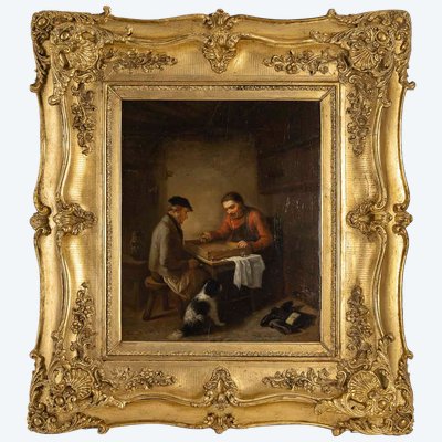Zacharie Noterman (1820-1890) Les Joueurs de Dés et le Chien huile sur bois vers 1842