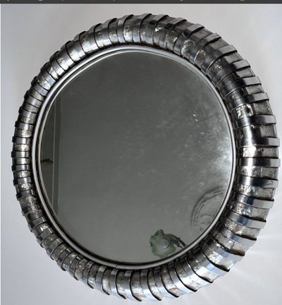 FITTERMAN Paris.   Round Silvered Metal Mirror Circa 1970 Diameter 45cm Signed