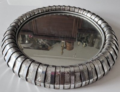 FITTERMAN Paris.   Round Silvered Metal Mirror Circa 1970 Diameter 45cm Signed