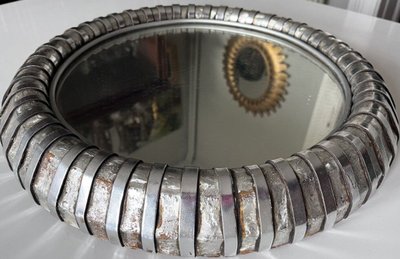 FITTERMAN Paris.   Round Silvered Metal Mirror Circa 1970 Diameter 45cm Signed