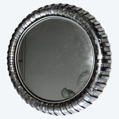 FITTERMAN Paris.   Round Silvered Metal Mirror Circa 1970 Diameter 45cm Signed