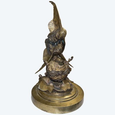 CAIN Auguste (1821-1894) Groupe En Bronze Doré " Combat d'Oiseaux" Signé