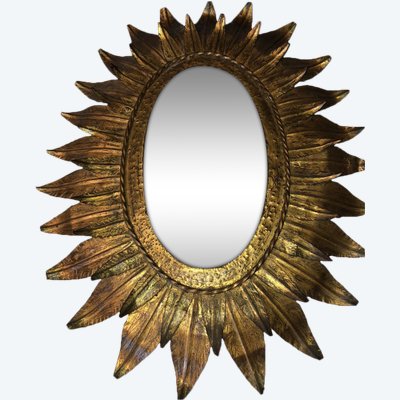 Specchio solare in metallo dorato decorato con 2 file di foglie leggermente arrotolate Stile Chaty