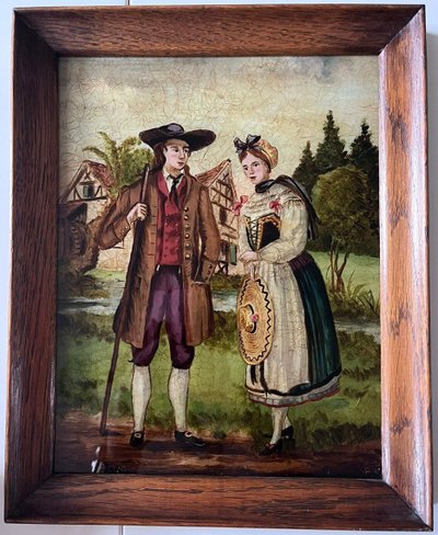 Fixé Sous Verre Encadré Figurant Un Couple Dans Un Village.  Art Naif Alsacien