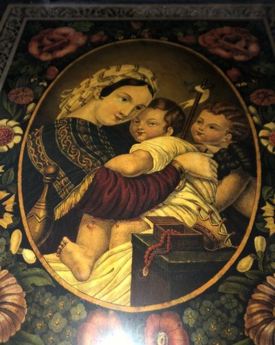Großes Religiöses Unterglasbild "Jungfrau Maria" Goldener Stuckrahmen 58x48 Cm