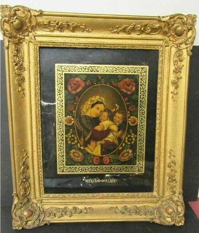 Großes Religiöses Unterglasbild "Jungfrau Maria" Goldener Stuckrahmen 58x48 Cm