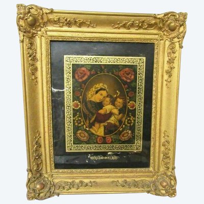 Großes Religiöses Unterglasbild "Jungfrau Maria" Goldener Stuckrahmen 58x48 Cm