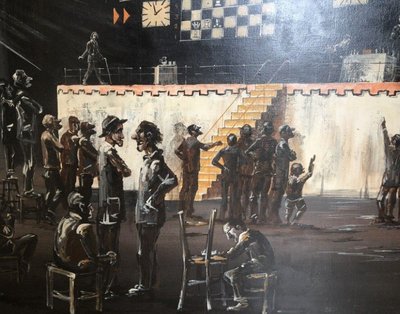 PARTOS Roland (b. 1929) Large oil on canvas "chess tournament" Signed Dim. 122x92 Cm