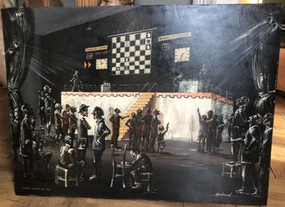 PARTOS Roland (b. 1929) Large oil on canvas "chess tournament" Signed Dim. 122x92 Cm