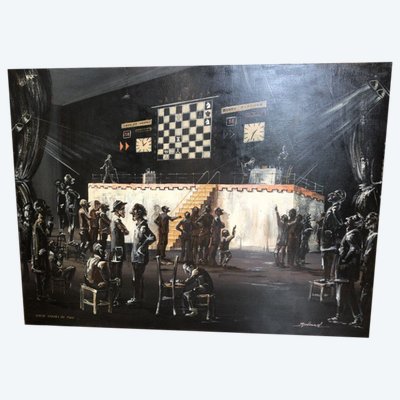 PARTOS Roland (b. 1929) Large oil on canvas "chess tournament" Signed Dim. 122x92 Cm