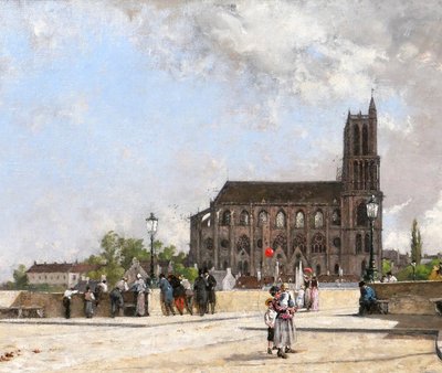 Alfred CHATAUD 1833-1908 Le Ballon rouge, Mantes-la-Jolie, tableau, Salon 1890, paysage