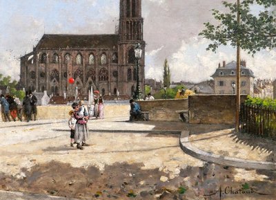 Alfred CHATAUD 1833-1908 Le Ballon rouge, Mantes-la-Jolie, tableau, Salon 1890, paysage