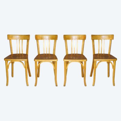 4 sedie da bistrot Baumann 1950 in colore "chéne doré", senza rete