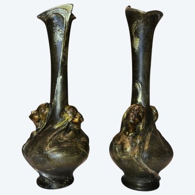 SIBEUD Hélène (1900) Important Pair Of Vases Signed 2 Faces (rare) Art Nouveau