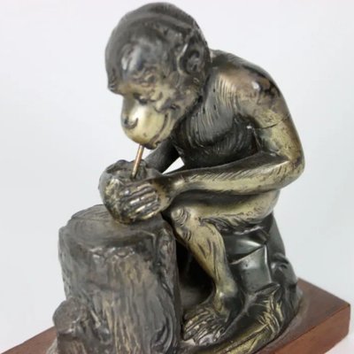RABIER Benjamin Paire De Serre Livres En Régule Argenté Sur Base Bois, Singes A La Noix De Coco