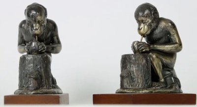 RABIER Benjamin Paire De Serre Livres En Régule Argenté Sur Base Bois, Singes A La Noix De Coco